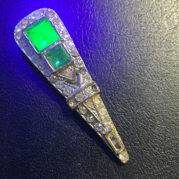 Antique Art Deco WMCA Dress clips green UV ACTIVE .. missing 2 stones - Picture 1 of 5